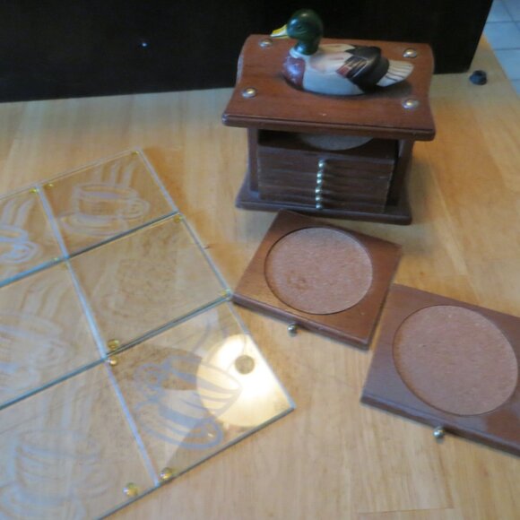 Vintage Albert E. Price Mallard Duck Wood Coaster Set w/Bonus Glass Coasters - Picture 1 of 4
